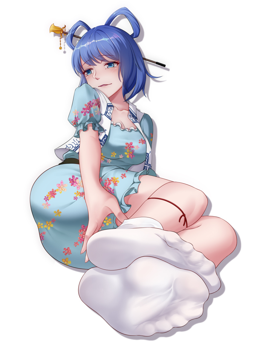 1girl absurdres ass blue_dress blue_eyes blue_hair blush breasts cleavage commentary_request dress drop_shadow feet floral_print foot_focus foreshortening hair_ornament hair_rings hair_stick highres kaku_seiga looking_to_the_side medium_breasts no_shoes oirin parted_lips perspective puffy_short_sleeves puffy_sleeves shadow short_hair short_sleeves simple_background sitting socks soles solo toes touhou vest white_background white_socks white_vest yokozuwari