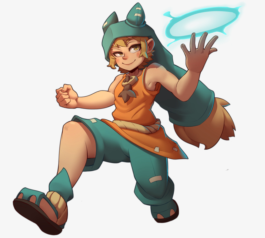 1boy absurdres blonde_hair child clenched_hand commentary english_commentary fantasy full_body green_headwear hat highres long_hair looking_at_viewer male_focus shorts simple_background smile solo son_razz wakfu white_background yellow_eyes yugo_(wakfu)