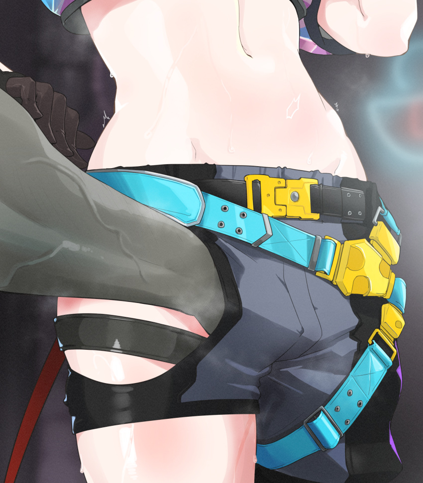 1boy 1girl belt black_belt black_shorts blue_belt cropped_jacket fingering fingering_through_clothes grey_shorts hakos_baelz highres hololive hololive_english jacket mdthetest midriff multiple_belts navel puffy_short_sleeves puffy_sleeves short_sleeves shorts sweat thighs through_clothes trembling virtual_youtuber white_jacket