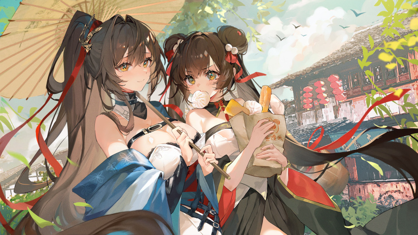 2girls alternate_costume alternate_hairstyle architecture bag bare_shoulders bird black_skirt blue_kimono bracelet breasts brown_hair chest_strap closed_mouth cloud commentary_request cowboy_shot daiyan_(girls'_frontline_nc) detached_collar double_bun east_asian_architecture food food_in_mouth girls'_frontline girls'_frontline_neural_cloud hair_bun hair_intakes hair_ribbon highres holding holding_umbrella japanese_clothes jewelry jiangyu_(girls'_frontline_nc) kimono kuuus large_breasts long_hair looking_at_viewer mouth_hold multiple_girls off_shoulder outdoors paper_bag ponytail red_ribbon ribbon shirt siblings single_bare_shoulder sisters skirt smile twintails type_95_(girls'_frontline) type_97_(girls'_frontline) umbrella very_long_hair white_shirt yellow_eyes