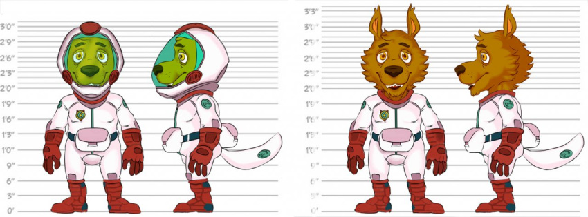 albert_lupine anthro armor ayato boots brown_body brown_fur brown_nose canid canine canis chart clothed clothing fanny_pack footwear fully_clothed fur gloves handwear headgear height_chart helmet male mammal red_boots red_clothing red_footwear red_gloves red_handwear shirt smile solo spacesuit teeth_showing topwear white_clothing white_helmet white_shirt white_topwear wolf yellow_eyes