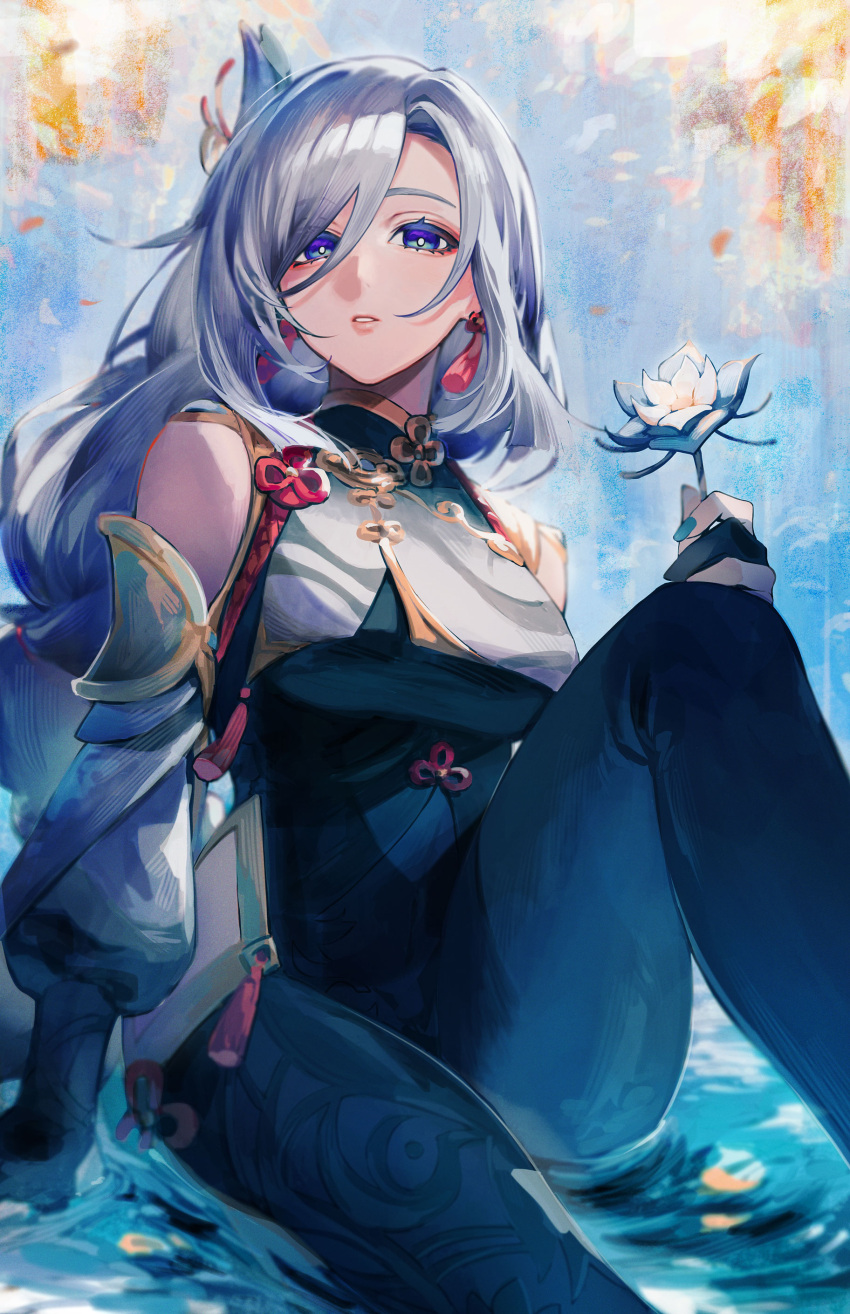 1girl absurdres armor blue_eyes blue_hair blue_nails bodysuit braid bright_pupils chinese_clothes detached_sleeves earrings eyeliner flower genshin_impact gloves hair_flower hair_ornament hair_over_eyes highres hip_vent holding holding_flower itou_(very_ito) jewelry knee_up long_hair looking_at_viewer makeup partially_fingerless_gloves puffy_detached_sleeves puffy_sleeves red_eyeliner shenhe_(genshin_impact) sidelocks single_braid sitting solo tassel tassel_earrings very_long_hair water white_pupils