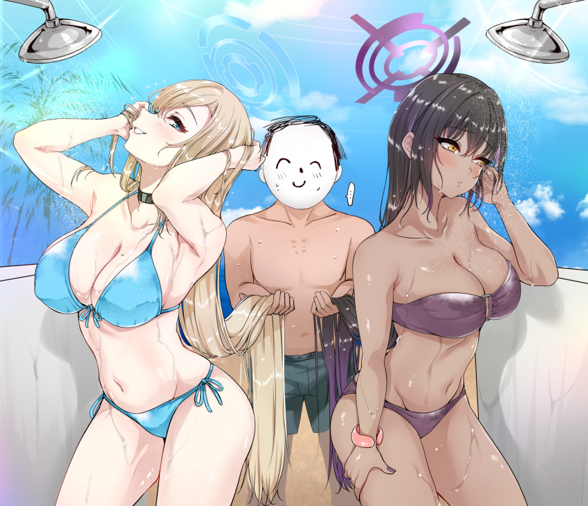 1boy 2girls aqua_bikini arona's_sensei_doodle_(blue_archive) asuna_(blue_archive) bikini black_bikini blue_archive breasts cleavage clothed_bath commentary_request halo highres karin_(blue_archive) large_breasts looking_at_viewer multiple_girls murabito_c o-ring o-ring_bikini sensei_(blue_archive) side-tie_bikini_bottom strapless strapless_bikini string_bikini swimsuit water_drop