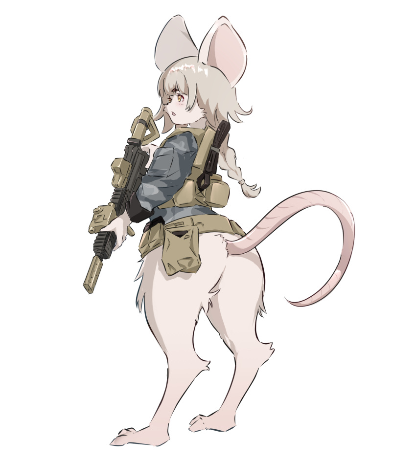 anthro assault_rifle bottomless clothed clothing fur gun hair ham_chun_chun hi_res holding_gun holding_object holding_weapon jacket long_hair male mammal mouse murid murine mutugorou_u open_mouth ranged_weapon rifle rodent simple_background solo standing tail topwear weapon white_background white_body white_fur white_hair yellow_eyes