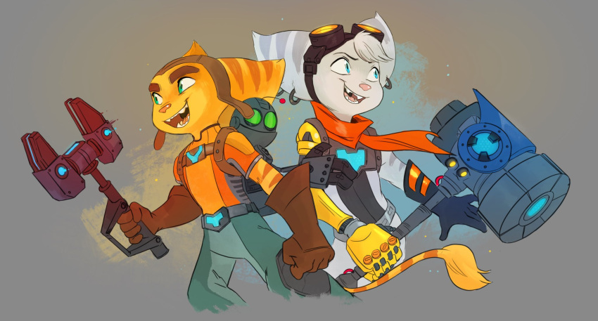 anthro clank_(ratchet_and_clank) clothed clothing duo female gloves hammer handwear hi_res holding_object holding_weapon lombax male mammal mechanical_arm open_mouth open_smile ratchet ratchet_and_clank rivet_(ratchet_and_clank) simple_background smile sony_corporation sony_interactive_entertainment tongue tools waackery weapon
