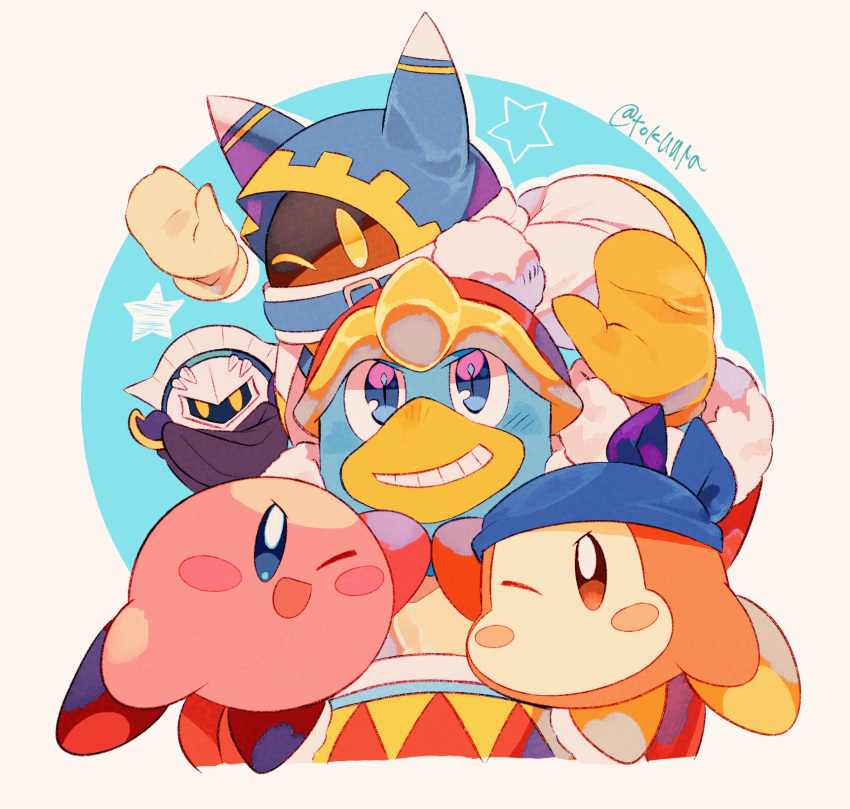 ;d armor armored_boots arms_up bandana bandana_waddle_dee blue_bandana blue_eyes blush blush_stickers boots cape closed_eyes coat commentary_request fur-trimmed_coat fur-trimmed_sleeves fur_trim gloves green_background grin hammer hat highres holding holding_hammer king_dedede kirby kirby's_return_to_dream_land kirby_(series) long_sleeves looking_at_viewer magolor mask meta_knight no_humans one_eye_closed open_clothes open_coat open_mouth purple_cape purple_footwear red_coat red_headwear shoulder_armor simple_background smile star_(symbol) teeth tokuura white_background white_gloves yellow_eyes yellow_gloves