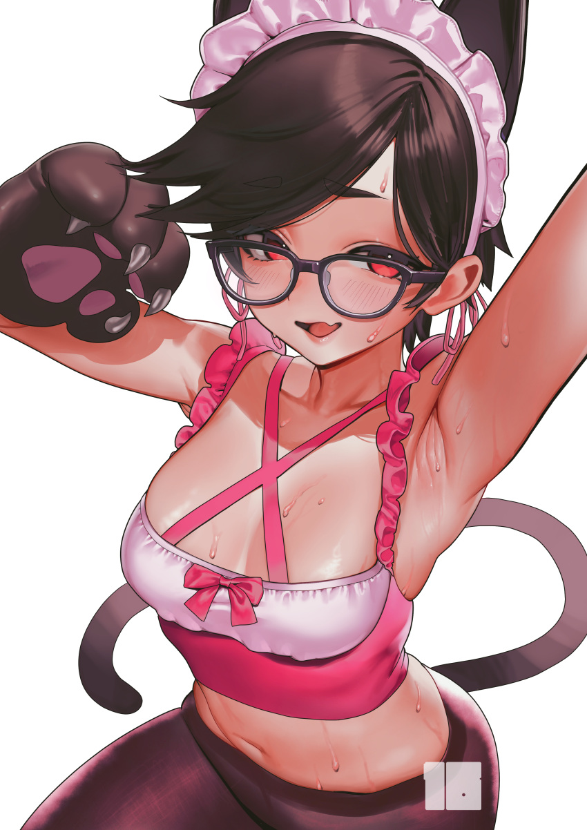 1girl absurdres animal_ears animal_hands apron arm_up armpits asymmetrical_bangs bare_shoulders black_hair blush breasts cat_ears cat_tail claws commission copyright_request crop_top fang glasses gloves highres looking_at_viewer maid_headdress midriff nanja navel nervous_smile open_mouth paw_gloves pink_apron pixiv_commission red_eyes short_hair simple_background skin_fang small_breasts smile solo sweat tail thick_eyebrows upper_body very_sweaty white_background