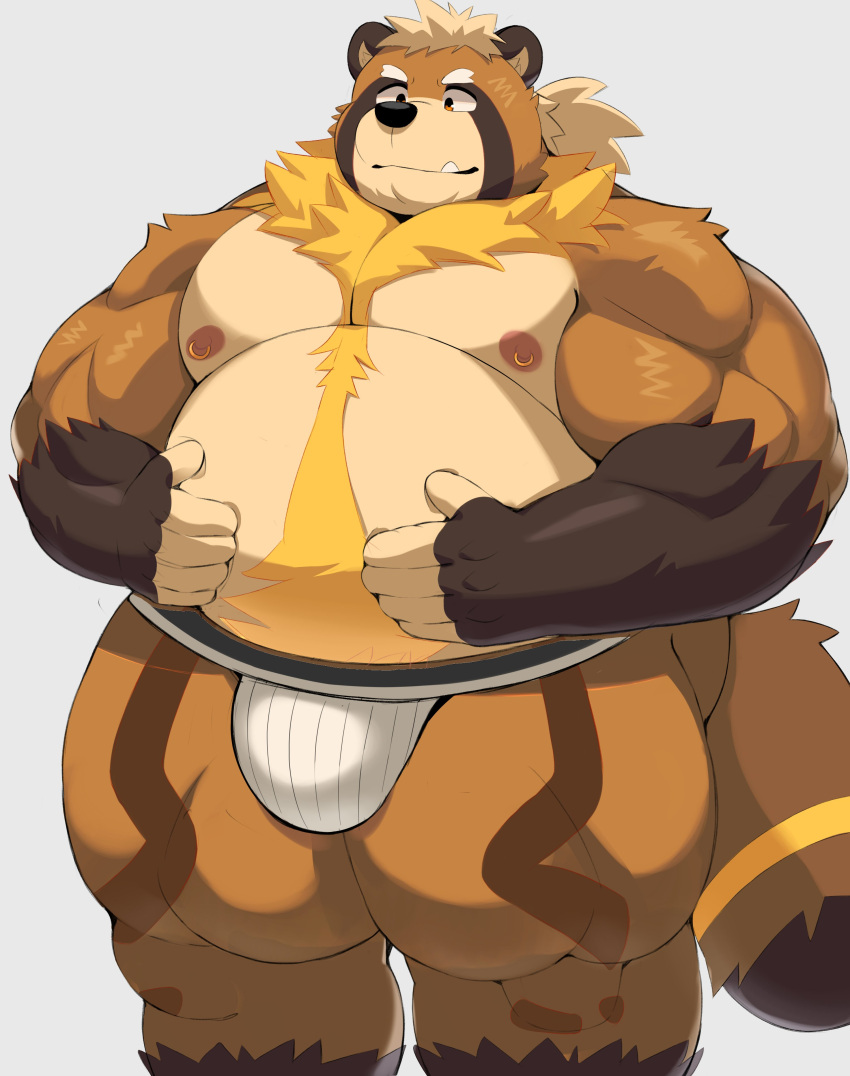 2023 absurd_res anthro belly bhtoss big_belly black_nose brown_body bulge canid canine clothing hi_res humanoid_hands jockstrap kemono male mammal moobs nipples overweight overweight_male raccoon_dog solo tanuki underwear