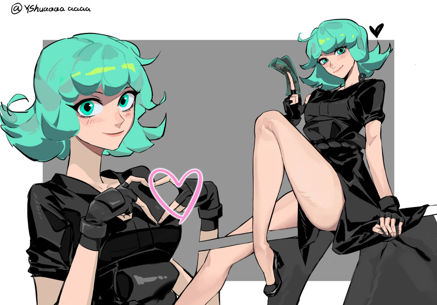 1girl @_(symbol) absurdres ahoge bangs bare_legs blush card eyebrows_hidden_by_hair fingerless_gloves foot_out_of_frame gloves green_eyes green_hair heart heart_hands highres holding holding_card japanese_clothes kiriko_(overwatch) legs looking_at_viewer official_alternate_costume ofuda overwatch overwatch_2 short_hair sitting solo terrible_tornado_kiriko twitter_username upper_body yshua