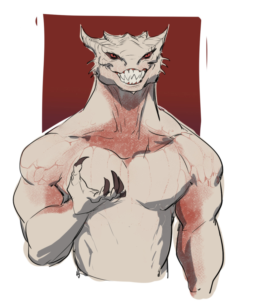 anthro baldur's_gate dragon dragonborn_(dnd) dungeons_and_dragons grin hasbro hi_res horn male muscular muscular_anthro muscular_male red_eyes scales sharp_teeth shirtless smile solo teeth the_dark_urge_(baldur's_gate) toothy_grin white_body white_scales wizards_of_the_coast