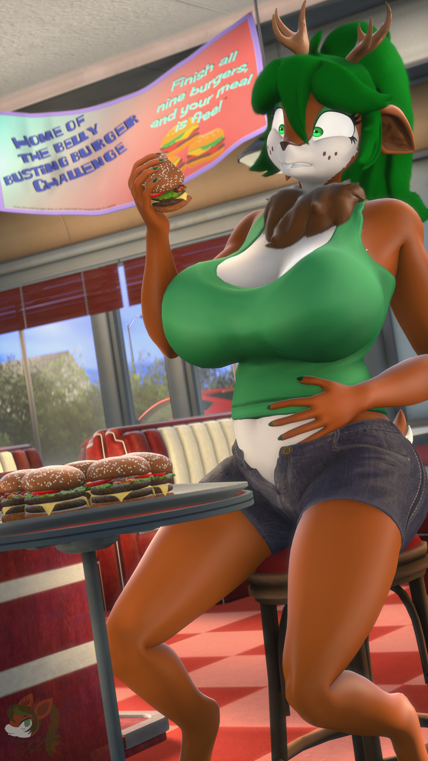 3d_(artwork) 4k 9:16 absurd_res anthro antlers belly big_breasts bloated breasts buckteeth burger deer digital_media_(artwork) diner donglysfm female food green_hair hair hi_res horn imminent_regret mammal mature_female neck_tuft restaurant revamped_anthros solo source_filmmaker stuffing tea_tree_(donglysfm) teeth tuft