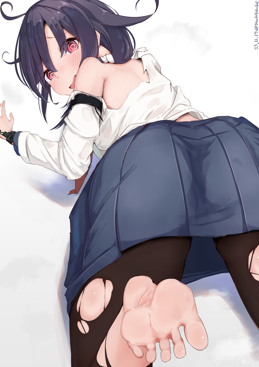 1girl @_@ absurdres artist_name ass barefoot blue_skirt blush feet highres kantai_collection long_hair looking_at_viewer mok4suke open_mouth pantyhose pleated_skirt purple_hair red_eyes shirt signature skirt solo taigei_(kancolle) torn_clothes torn_pantyhose torn_shirt twitter_username