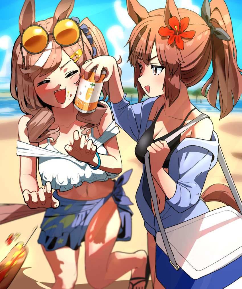 alternate_costume alternate_hairstyle animal_ears beach bikini blurry blurry_background blush breasts can cleavage closed_eyes collarbone commentary_request cooler eyewear_on_head food_in_mouth highres horse_ears horse_tail hot_dog looking_at_another matikane_tannhauser_(umamusume) medium_breasts medium_hair nice_nature_(umamusume) ocean open_mouth sand swimsuit tail takuan_(taku1219oekaki) umamusume