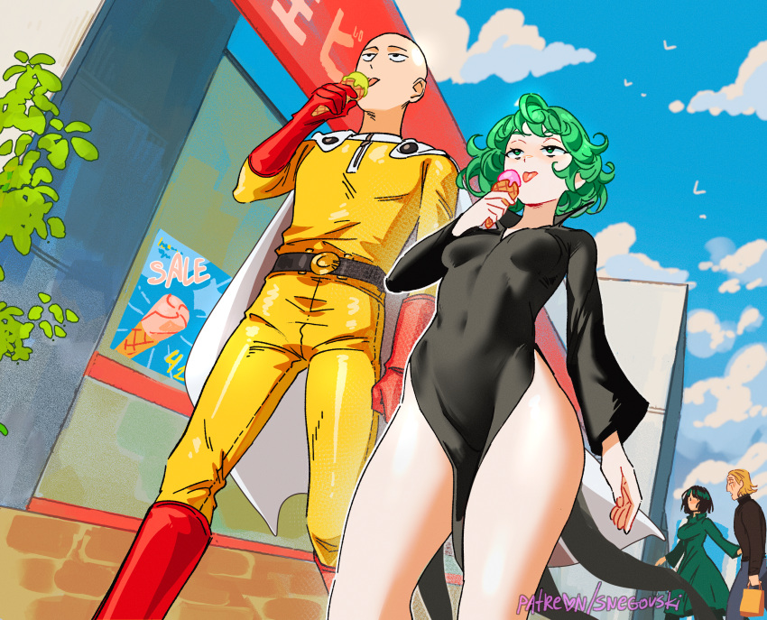 2boys 2girls bald belt black_belt black_dress black_shirt blue_sky boots breasts building cape cloud collared_dress commentary covered_navel day dress eating english_commentary food fubuki_(one-punch_man) green_dress green_eyes green_hair highres holding holding_food holding_ice_cream ice_cream king_(one-punch_man) long_sleeves multiple_boys multiple_girls one-punch_man outdoors patreon_username pelvic_curtain red_footwear saitama_(one-punch_man) shirt siblings sisters sky small_breasts snegovski standing tatsumaki thighs tongue tongue_out web_address white_cape