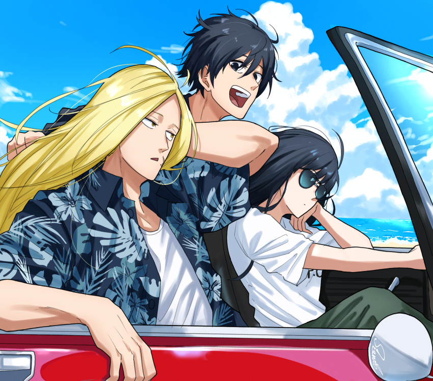 1girl 2boys :d black_eyes black_hair blonde_hair car cloud day driving floral_print hair_between_eyes hawaiian_shirt highres long_hair motor_vehicle multiple_boys nagumo_(sakamoto_days) osaragi_(sakamoto_days) outdoors sakamoto_days scar scar_on_face shirt shishiba_(sakamoto_days) shishiruto short_sleeves sitting smile sunglasses t-shirt