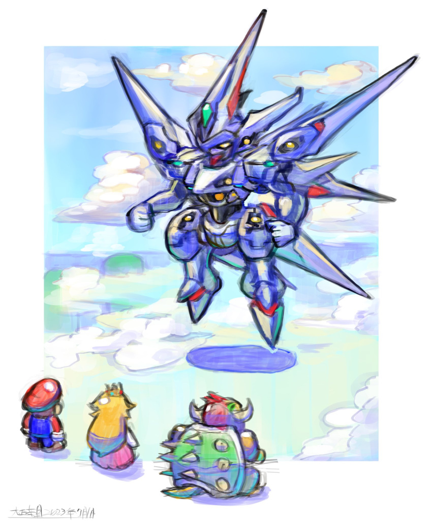 1girl 2boys blonde_hair bowser cloud commentary_request crossover floating from_behind full_body hat highres long_hair mario mario_(series) mecha multiple_boys oomasa_teikoku princess_peach robot spiked_shell standing super_mario_rpg white_background xenogears xenogears_(mecha)