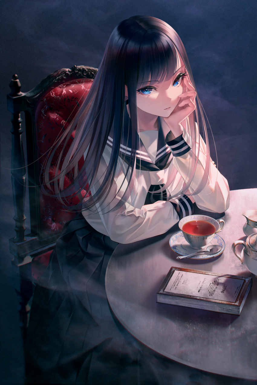 1girl absurdres black_background black_hair black_sailor_collar black_skirt blue_eyes book chair cup elbow_rest eyelashes hand_on_own_face head_rest highres long_hair long_sleeves looking_at_viewer on_chair original parted_lips pleated_skirt sailor_collar saucer school_uniform serafuku shirt sidelocks sitting skirt solo sousou_(sousouworks) spoon table tea teacup teapot teaspoon white_shirt