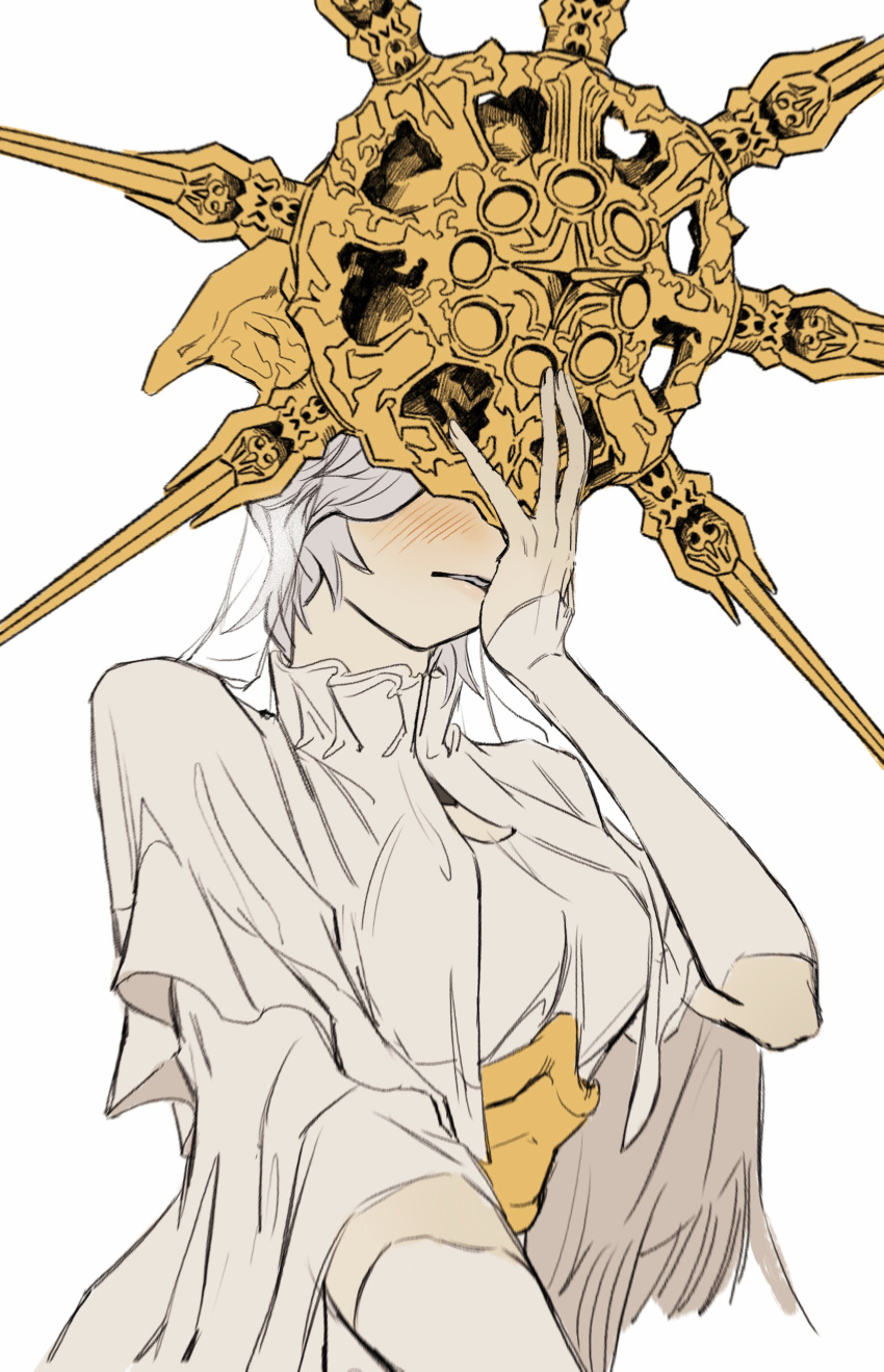 1girl absurdres breasts covered_eyes dark_souls_(series) dark_souls_i dark_sun_gwyndolin detached_sleeves dress genderswap genderswap_(mtf) gold_headwear grey_dress grey_hair grey_sleeves hand_on_own_face hand_up highres large_breasts short_hair simple_background solo spiked_helmet upper_body veil white_background zunkome