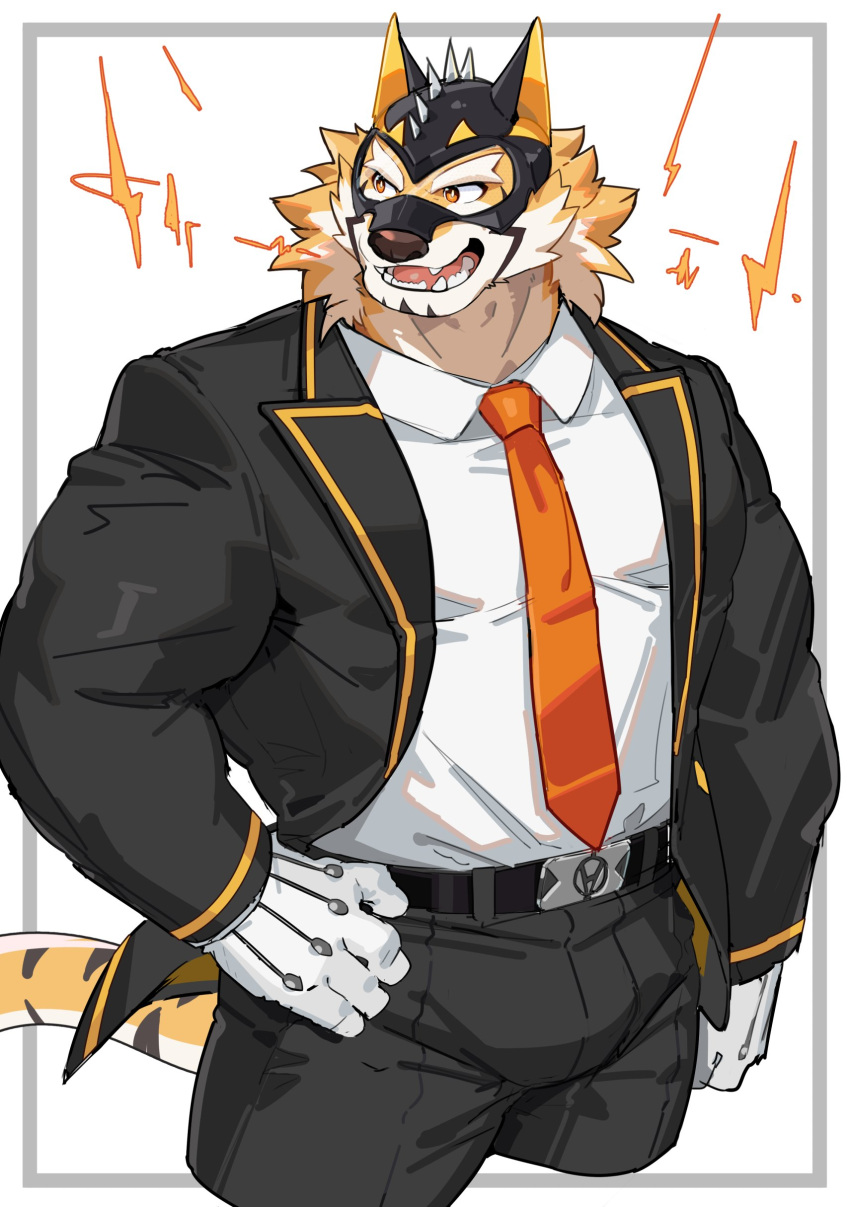 absurd_res anthro clothing felid fur gloves handwear hi_res lifewonders live_a_hero male mammal mask muscular muscular_anthro muscular_male necktie omochi_kuitai orange_body orange_fur pantherine pecs ryekie_(live_a_hero) smile solo spikes striped_body striped_fur stripes suit superhero tiger