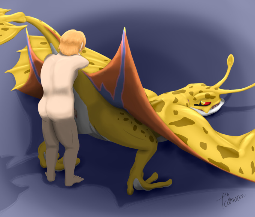 aerocuda amphibian animal_genitalia antennae_(anatomy) ass_up belly bestiality butt cloaca cloacal cloacal_penetration digital_media_(artwork) digital_painting_(artwork) dragon duo female feral feral_penetrated from_behind_position genitals human human_on_feral human_penetrating human_penetrating_feral interspecies looking_at_another looking_at_partner looking_back lying male male/female mammal markings membrane_(anatomy) membranous_wings nintendo on_front penetration raised_tail red_sclera sex shaded signature spots spotted_markings tail talmian tears_of_the_kingdom the_legend_of_zelda vertical_cloaca white_belly wings wyvern yellow_body yellow_eyes