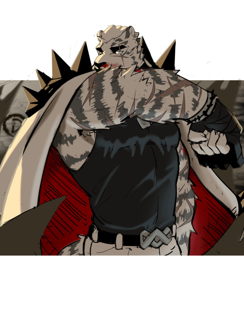 1boy animal_ears arknights armpit_hair armpit_hair_peek bara black_tank_top blood dingding_art feet_out_of_frame furry furry_male highres large_hands large_pectorals looking_at_viewer male_focus mountain_(arknights) muscular muscular_male nosebleed pectorals scar scar_across_eye short_hair solo standing tank_top thick_eyebrows tiger_boy tiger_ears white_fur white_hair wiping_blood