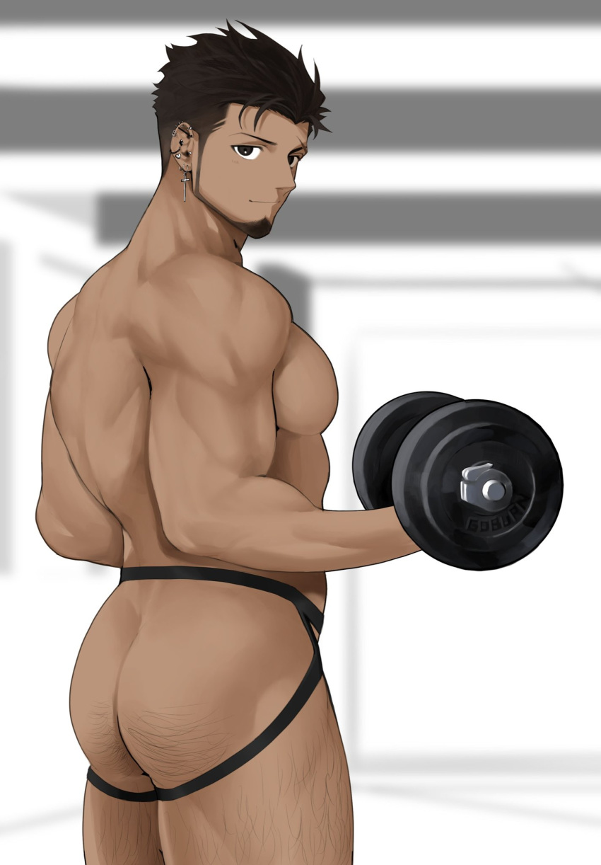 1boy alternate_body_hair ass ass_hair bara beard black_male_underwear chinstrap_beard cross cross_earrings dark-skinned_male dark_skin dumbbell earrings exercise eyebrow_cut facial_hair feet_out_of_frame from_behind goburin_second harumi_(goburin_second) highres jewelry jockstrap large_pectorals leg_hair looking_at_viewer looking_back male_focus male_underwear mature_male muscular muscular_male no_nipples original paid_reward_available pectorals sanpaku scar scar_on_face scar_on_forehead seductive_smile short_hair smile solo standing thick_eyebrows thick_thighs thighs turning_around underwear weightlifting