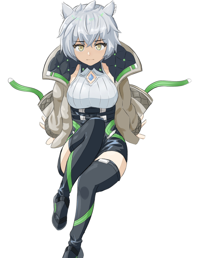 1girl absurdres animal_ears breasts cat_ears cat_girl chest_jewel clothing_cutout core_crystal_(xenoblade) crystal diamond_cutout fingerless_gloves gloves high-waist_shorts highres holilights looking_at_viewer medium_breasts messy_hair na'el_(xenoblade) romper short_hair short_shorts shorts simple_background solo thighhighs thighs xenoblade_chronicles_(series) xenoblade_chronicles_3 xenoblade_chronicles_3:_future_redeemed yellow_eyes