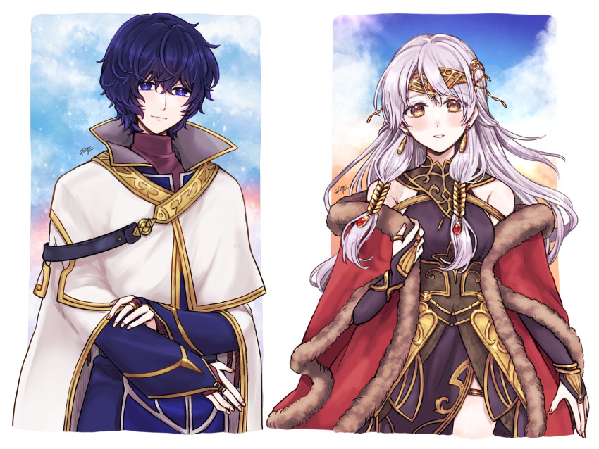 1boy 1girl bare_shoulders black_dress blue_eyes blue_hair blue_robe bridal_gauntlets cape circlet coat dress earrings fire_emblem fire_emblem:_radiant_dawn fire_emblem_cipher fire_emblem_heroes fur_trim gloves grey_hair half_updo highres jewelry long_hair long_sleeves looking_at_viewer micaiah_(fire_emblem) micaiah_(radiant_queen)_(fire_emblem) misato_hao pelleas_(fire_emblem) red_cape red_coat robe side_slit simple_background sleeveless sleeveless_dress smile turtleneck_dress upper_body white_cape yellow_eyes