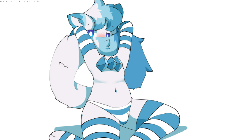 absurd_res anthro arctic_fox arm_warmers armwear blue_armwear blue_body blue_clothing blue_eyes blue_fur blue_hair blue_panties blue_tail blue_tail_tip blue_underwear blush bottomwear bulge canid canine chest_crystal chillin_chillo clothing fox fur girly hair hands_behind_head hi_res legwear looking_at_viewer male mammal naidru panties pattern_bottomwear pattern_clothing pattern_legwear pattern_panties pattern_thigh_highs pattern_underwear sitting solo striped_bottomwear striped_clothing striped_legwear striped_panties striped_thigh_highs striped_underwear stripes tail tail_covering_face thigh_highs underwear white_armwear white_body white_clothing white_fur white_hair white_panties white_tail white_underwear