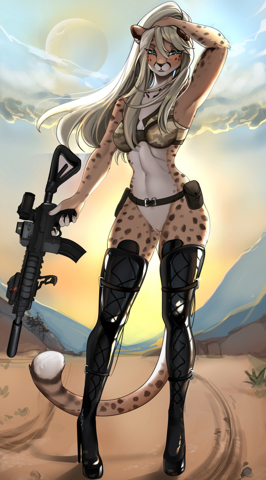 2023 5_fingers absurd_res anthro belt_pouch black_clothing black_latex black_legwear black_thigh_boots black_thigh_highs blonde_hair blue_eyes boots bottomless bottomless_anthro bottomless_female bra breasts camo camo_print cheetah clothed clothing cloud desert exposure_variation felid feline female fingers footwear fur genitals gun hair hi_res high_heeled_boots high_heels holding_gun holding_object holding_rifle holding_weapon latex latex_thigh_boots latex_thigh_highs legwear lena_fluffy_(character) long_hair looking_at_viewer mammal medium_breasts moon pussy ranged_weapon skimpy solo spots spotted_body spotted_fur standing sunrise thigh_boots thigh_highs tja trigger_discipline underwear weapon yellow_body yellow_fur