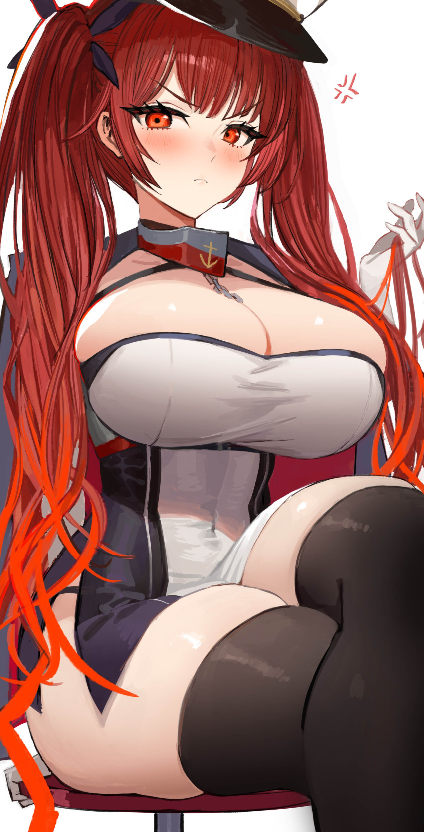 1girl absurdres anger_vein azur_lane black_panties black_ribbon black_thighhighs blush breasts chain_between_breasts cleavage closed_mouth covered_navel crossed_legs dress gloves hair_between_eyes hair_ribbon hat highres honolulu_(azur_lane) jacket jacket_on_shoulders kaki_z3 large_breasts long_hair looking_at_viewer panties panty_straps peaked_cap red_eyes red_hair ribbon side_slit simple_background sitting solo stool thick_thighs thighhighs thighs twintails underwear very_long_hair white_background white_gloves