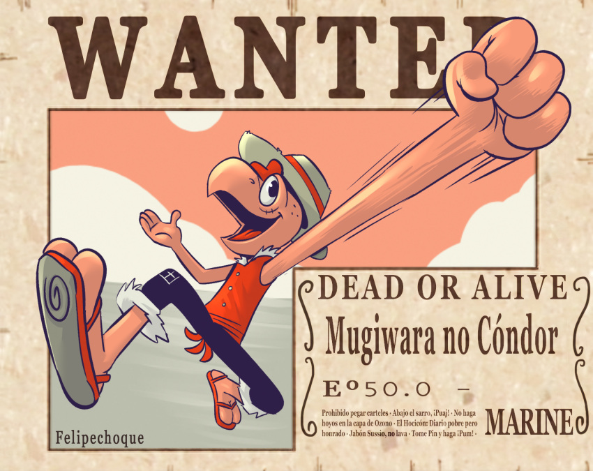 1boy andean_condor artist_name black_pants clenched_hand condor condorito condorito_(character) cosplay crossover english_text felipe_choque full_body hat monkey_d._luffy monkey_d._luffy_(cosplay) one_piece open_mouth pants sandals scar smile solo solo_focus spanish_text straw_hat wanted