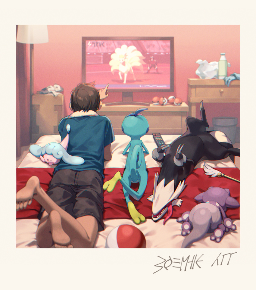 1boy arm_up barefoot bed black_shorts blue_shirt border bottle brown_hair commentary_request controller drawer drizzile facing_away feet galarian_linoone hatenna highres indoors lamp lying on_back on_bed on_stomach open_mouth pointing poke_ball poke_ball_(basic) pokemon pokemon_(creature) pokemon_(game) pokemon_swsh remote_control sharp_teeth shirt short_hair short_sleeves shorts soles t-shirt table teeth television toes tongue tongue_out toxel trash_can victor_(pokemon) white_border zinnkousai3850