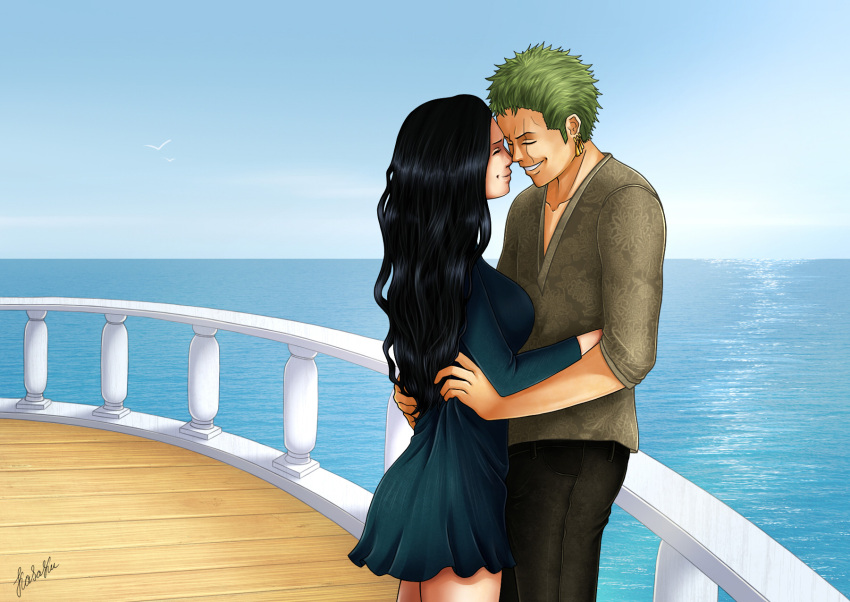 1boy 1girl alternate_costume black_hair closed_eyes closed_mouth dress earrings english_commentary face-to-face green_hair highres jewelry kasaku long_hair nico_robin ocean one_piece outdoors roronoa_zoro scar scar_across_eye scar_on_face ship short_hair signature single_earring teeth water watercraft