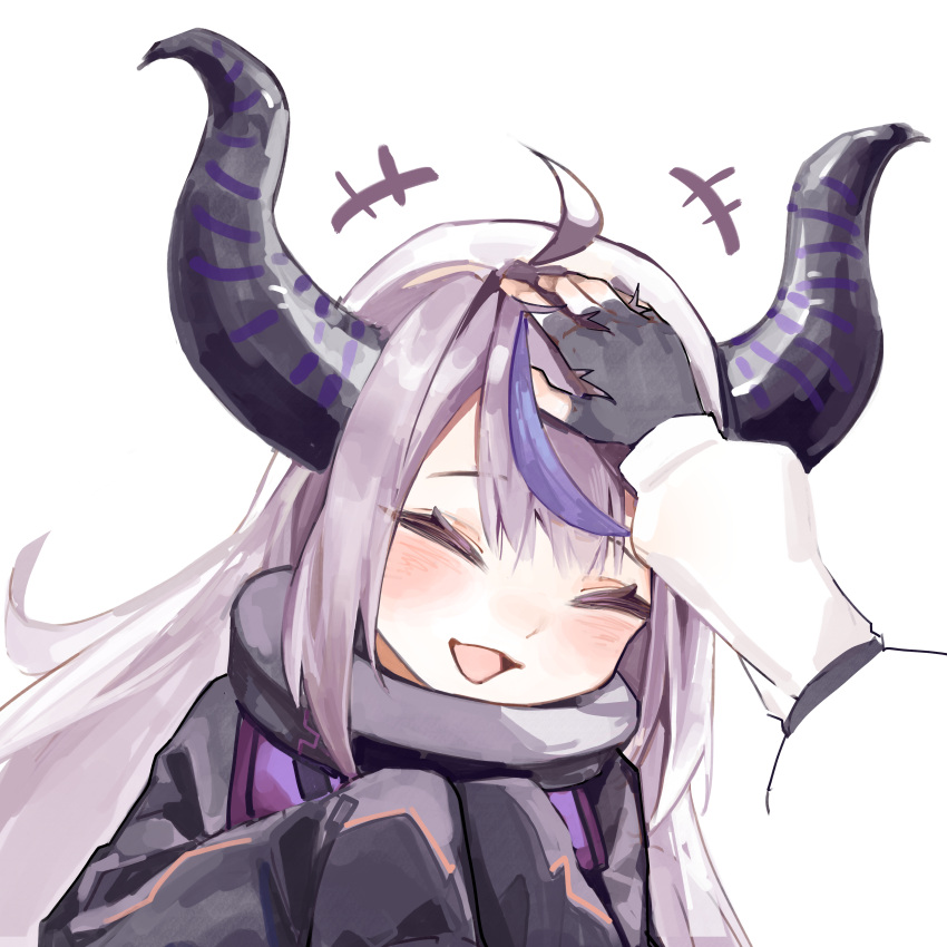 absurdres ahoge black_horns closed_eyes cocoballking collar fingerless_gloves gloves grey_hair happy headpat highres hololive horns la+_darknesss la+_darknesss_(1st_costume) long_hair metal_collar multicolored_hair out_of_frame purple_hair sleeves_past_fingers sleeves_past_wrists streaked_hair striped_horns takane_lui virtual_youtuber