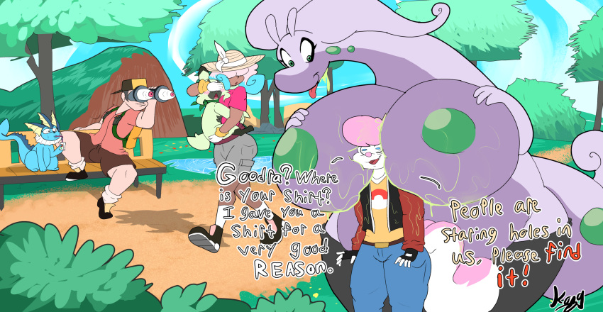 anthro bench big_breasts binoculars blinding_bangs blush bodily_fluids boob_hat breasts bulging_eyes butt claude_(iceblueeyes) clothed clothing cloud covering covering_eyes covering_face dialogue eeveelution english_text female feral floragato generation_1_pokemon generation_6_pokemon generation_9_pokemon goodra group hair hair_over_eyes head_between_breasts hi_res huge_breasts human ironkongstudios juice_box male mammal mephitid nintendo nipples outside park park_bench plant pokemon pokemon_(species) public public_nudity size_difference skunk sky slightly_chubby slime sweat taffy_(iceblueeyes) text tongue tongue_out topless topless_anthro topless_female tree vaporeon wide_hips