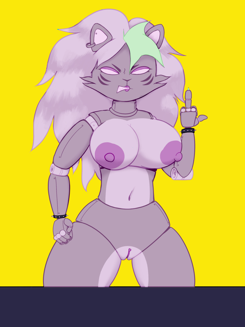 absurd_res abunbot angry anthro big_breasts breasts canid canine canis digital_media_(artwork) ear_piercing female five_nights_at_freddy's five_nights_at_freddy's:_security_breach genitals gesture hair hi_res huge_breasts machine mammal middle_finger nipples nude piercing pussy roxanne_wolf_(fnaf) scottgames simple_background solo steel_wool_studios teeth thick_thighs white_eyes wolf