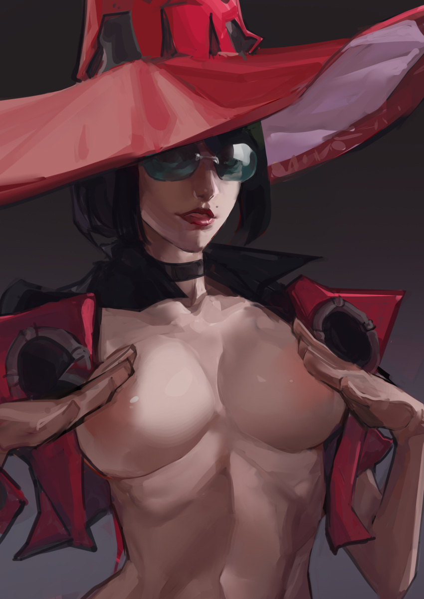 1girl black_hair breasts choker guilty_gear guilty_gear_strive hat highres i-no jacket large_breasts looking_at_viewer mole mole_above_mouth navel red_headwear red_jacket red_lips short_hair sunglasses tinted_eyewear tristanmori01 witch_hat