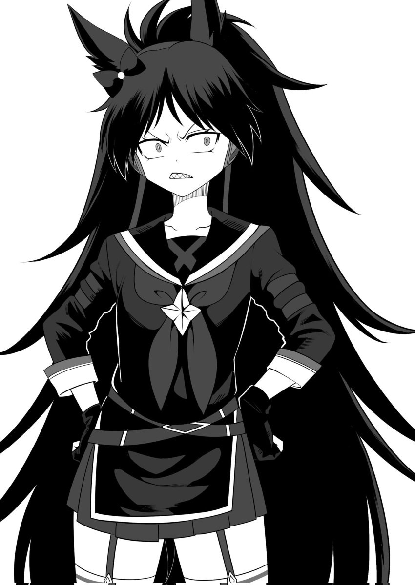 1girl animal_ears clenched_teeth collarbone commentary cowboy_shot crossed_belts dream_journey_(racehorse) ear_bow fingerless_gloves fukuro_(maruaru00) furrowed_brow garter_straps genderswap genderswap_(mtf) gloves greyscale highres horse_ears horse_girl long_hair messy_hair monochrome neckerchief original personification sailor_collar sharp_teeth simple_background solo star_ornament tabard teeth umamusume v-shaped_eyebrows very_long_hair white_background