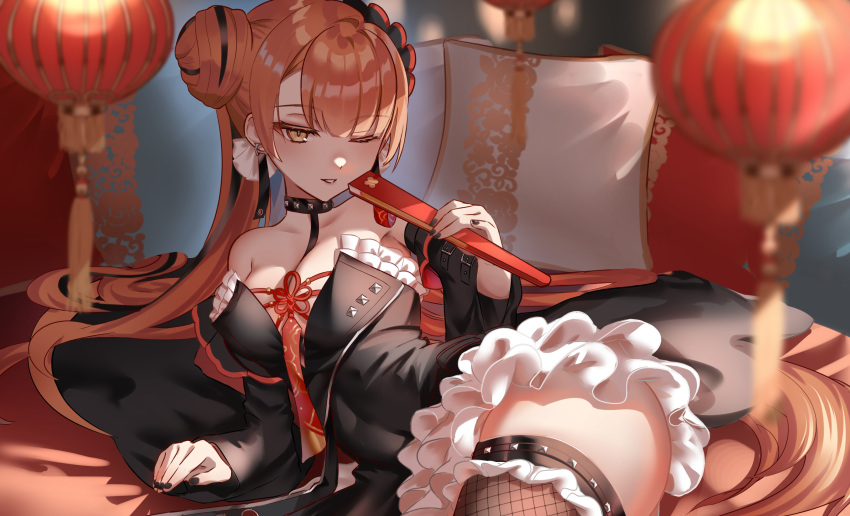 1girl arm_support bare_shoulders black_dress black_nails blurry blurry_foreground breasts cleavage detached_sleeves dress earrings epic_seven fishnet_thighhighs fishnets frilled_dress frills hand_fan highres holding holding_fan jewelry lantern lone_crescent_bellona_(epic_seven) long_hair looking_at_viewer lucy_(rusi-juren328) lying on_bed on_side one_eye_closed orange_hair paper_lantern sleeveless sleeveless_dress solo thighhighs very_long_hair yellow_eyes