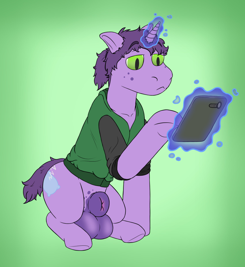 animal_genitalia balls big_balls cutie_mark equid equine fan_character feral freckles fur genitals hasbro hi_res horn magic magic_user male mammal mikey6193 my_little_pony phone puffy_sheath purple_body purple_fur sheath solo unicorn