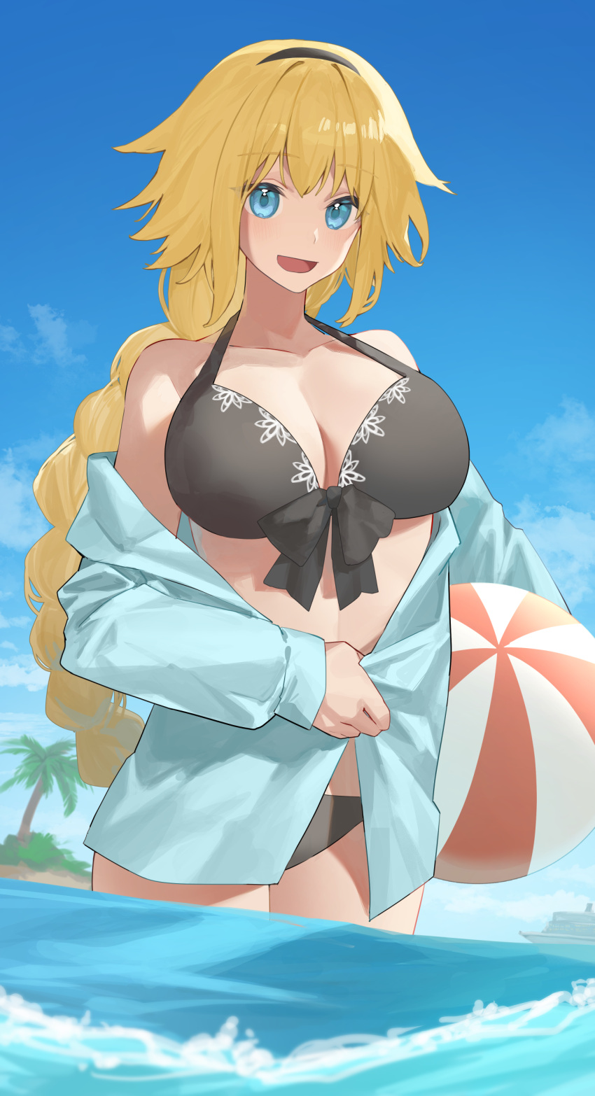 1girl absurdres ao_tsukushi bare_shoulders beach bikini black_bikini blonde_hair blue_eyes blue_jacket blue_sky braid braided_ponytail breasts cleavage collarbone fate/grand_order fate_(series) hairband highres hood hooded_jacket jacket jeanne_d'arc_(fate) jeanne_d'arc_(swimsuit_archer)_(fate) jeanne_d'arc_(swimsuit_archer)_(first_ascension)_(fate) large_breasts long_hair long_sleeves looking_at_viewer open_mouth sky smile solo swimsuit thighs very_long_hair