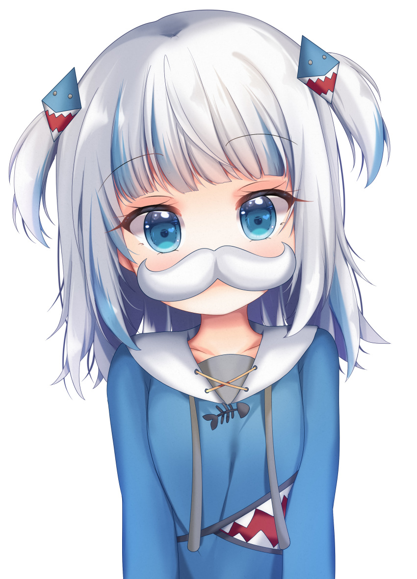 1girl absurdres animal_costume blue_eyes blue_hair blue_hoodie blunt_bangs fake_facial_hair fake_mustache gawr_gura gawr_gura_(1st_costume) grandapple71 grey_hair hair_ornament highres hololive hololive_english hood hoodie looking_at_viewer medium_hair multicolored_hair shark_costume shark_hair_ornament sidelocks solo streaked_hair two_side_up virtual_youtuber white_background