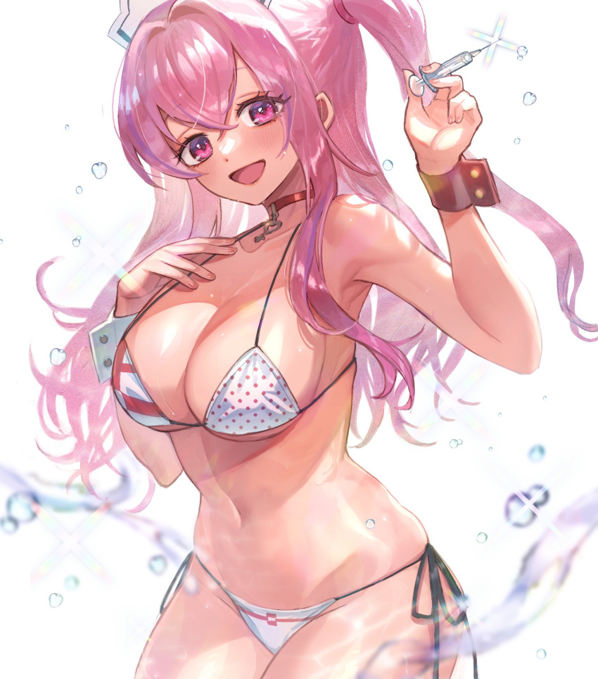 1girl bare_shoulders bikini breasts goddess_of_victory:_nikke hair_between_eyes hat highres holding holding_syringe kojijima pepper_(nikke) pepper_(ocean_vitamin)_(nikke) pink_eyes pink_hair side_ponytail simple_background swimsuit syringe thighs white_background white_bikini white_headwear