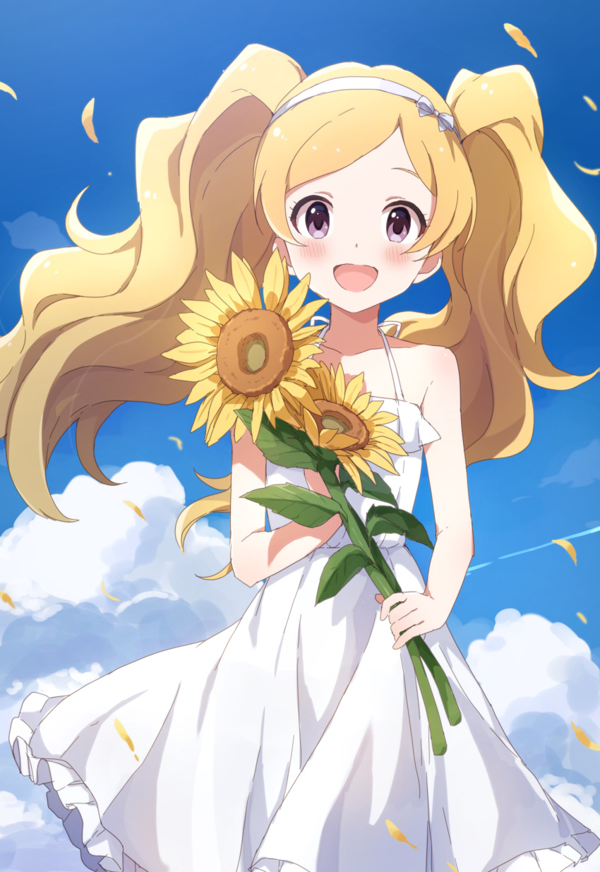 1girl absurdres bare_shoulders blonde_hair blue_sky blush breasts buchi_(y0u0ri_) collarbone contrail day dot_nose dress emily_stewart falling_petals flower frilled_dress frills hairband highres holding holding_flower idolmaster idolmaster_million_live! idolmaster_million_live!_theater_days long_hair looking_at_viewer open_mouth outdoors petals purple_eyes sky sleeveless sleeveless_dress small_breasts smile solo sunflower twintails white_dress white_hairband