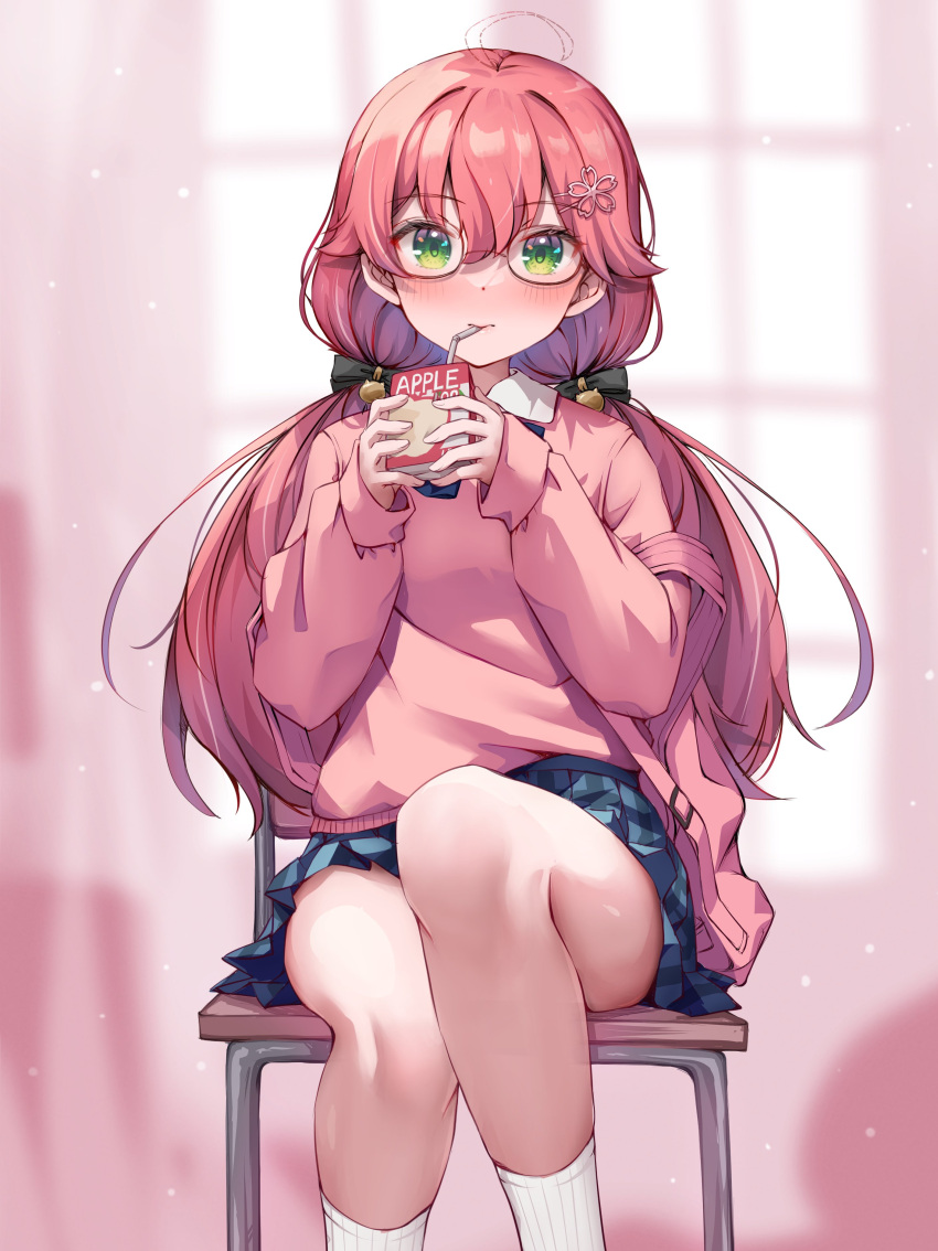 1girl absurdres apple_juice black_bow blue_skirt blurry blurry_background blush bow commentary_request dot_nose drinking_straw drinking_straw_in_mouth feet_out_of_frame glasses green_eyes hair_between_eyes hair_bow hair_ornament hairclip highres holding_carton hololive indoors ist_lei_mikan kneehighs long_hair long_sleeves looking_at_viewer low_twintails no_ahoge on_chair pink_hair pink_sweater plaid plaid_skirt pleated_skirt sakura_miko sitting skirt socks solo sweater twintails virtual_youtuber white_socks