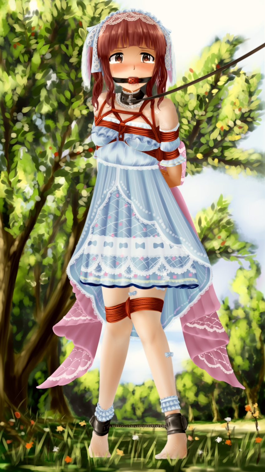 absurdres animal_ears ankle_cuffs aqua_dress arms_behind_back ball_gag bdsm blush bondage bound bow bowtie breasts brown_eyes crying crying_with_eyes_open dress forest frilled_dress frills full-face_blush gag gagged highres hiru-kun_no_ami idolmaster idolmaster_cinderella_girls legs_apart looking_at_viewer nature no_shoes ogata_chieri rabbit_ears red_hair rope saliva see-through see-through_legwear small_breasts tears twintails walking