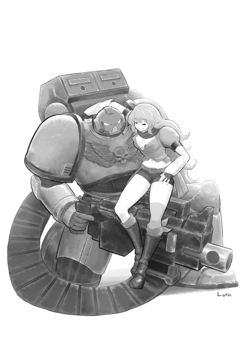 adeptus_astartes armor breasts cleavage crossover greyscale heavy_bolter highres lutherniel monochrome power_armor rwby short_shorts shorts space_marine warhammer_40k yang_xiao_long