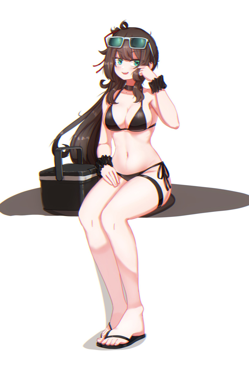 absurdres ahoge arm_scrunchie bikini black_bikini blue_eyes breasts brown_hair choker collarbone commission cooler eyewear_on_head feet female_commander_(girls'_frontline) flip-flops full_body girls'_frontline highres jonasmk large_breasts legs long_hair looking_to_the_side mole_on_body navel open_mouth original ponytail sandals simple_background sitting swimsuit termichan_(not-a-bot) thigh_strap toenails toes very_long_hair