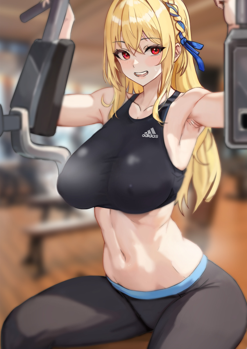 1girl absurdres adidas armpits arms_up bare_arms bare_shoulders black_pants black_sports_bra blonde_hair braid breasts covered_nipples crop_top exercise exercise_machine hair_ribbon highres large_breasts long_hair looking_at_viewer midriff navel open_mouth original pants red_eyes rehu ribbon sitting sleeveless smile solo sports_bra stomach sweat track_pants
